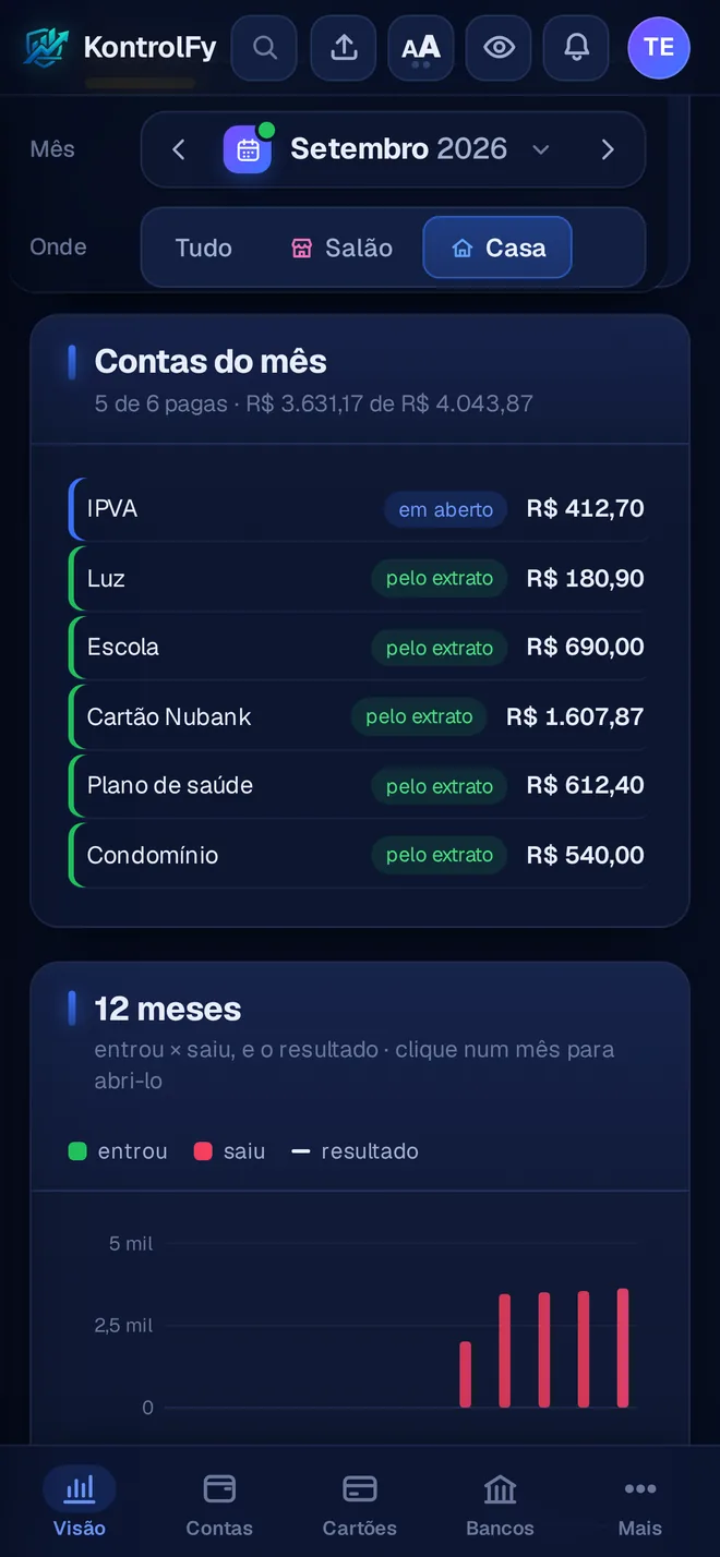 Bloco Contas do mês com o filtro Casa, setembro de 2026: 5 de 6 contas pagas, conferidas no extrato; o IPVA aparece em aberto.